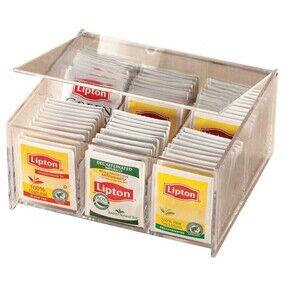 Clear Acrylic Tea Bag Box 6 Compartments Holds 84 Teabags Hinged Lid Storage